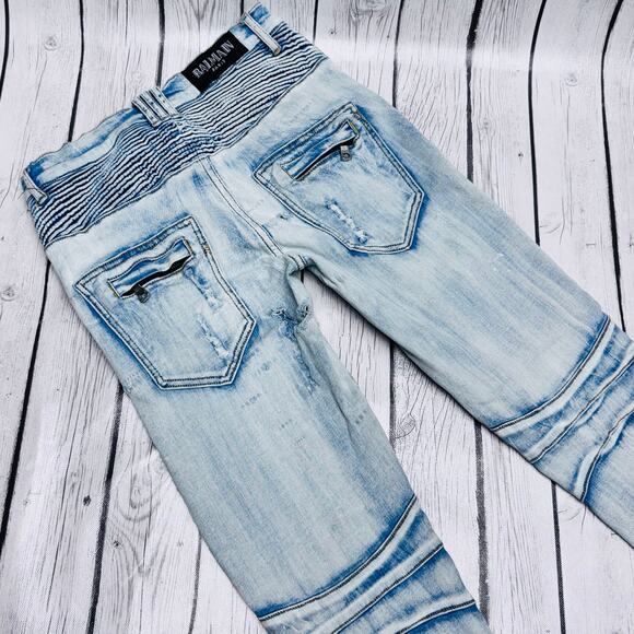 Men’s Balmain Light Blue Destroyed And Ribbed Biker Jeans Size 32x33 - Picture 5 of 9